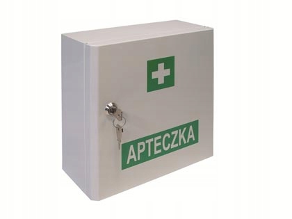 

Metalowa apteczka wisząca na klucz z wyposażeniem