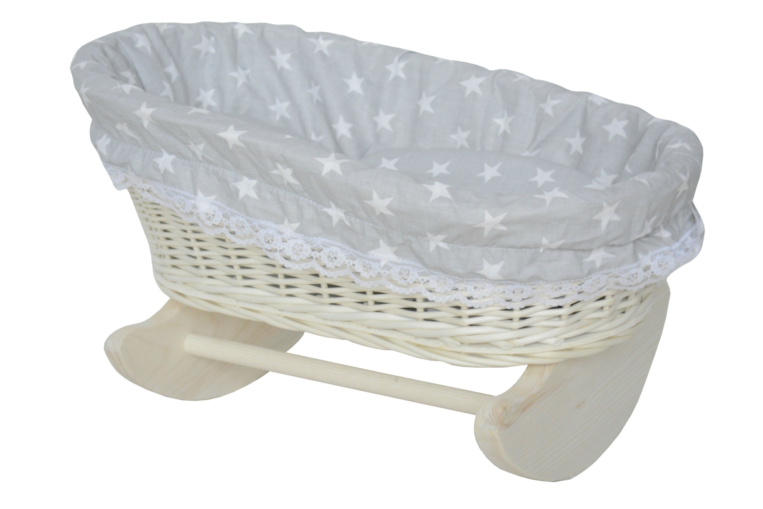 BIAŁA KOŁYSKA DLA LALEK Z WIKLINY SZARE GWIAZDKI