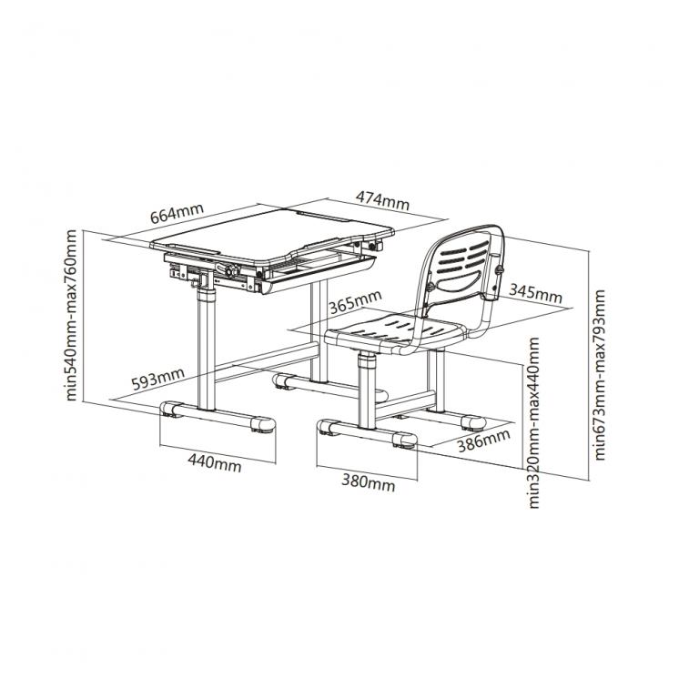 BIURKO+KRZESŁO regulowane FunDesk Piccolino Grey Głębokość mebla 47.4 cm