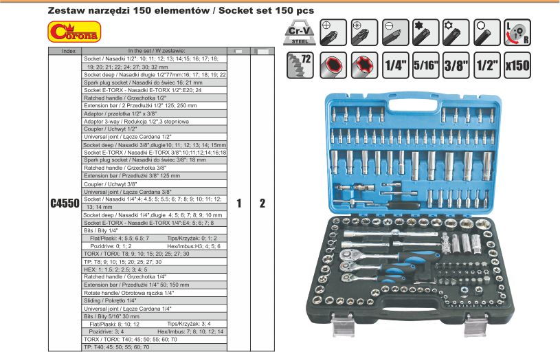 CORONA ZESTAW KLUCZY NASADOWYCH 150 C4550 Typ 6-kątna