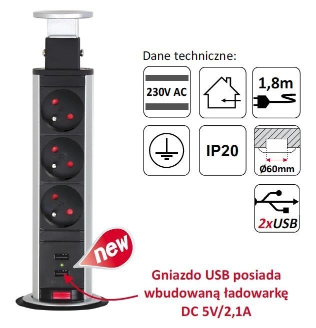 Listwa zasilająca chowana w blat z USB INOX Kod producenta LIFTBOX-STD-3FR-U-01