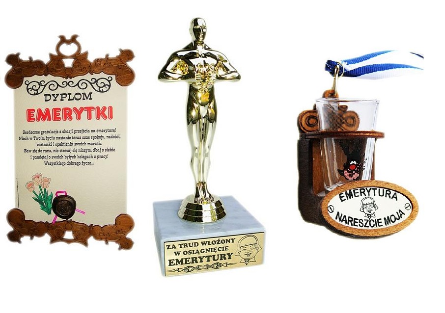 

Statuetka Dla Emerytki Dyplom Kieliszek Emerytura