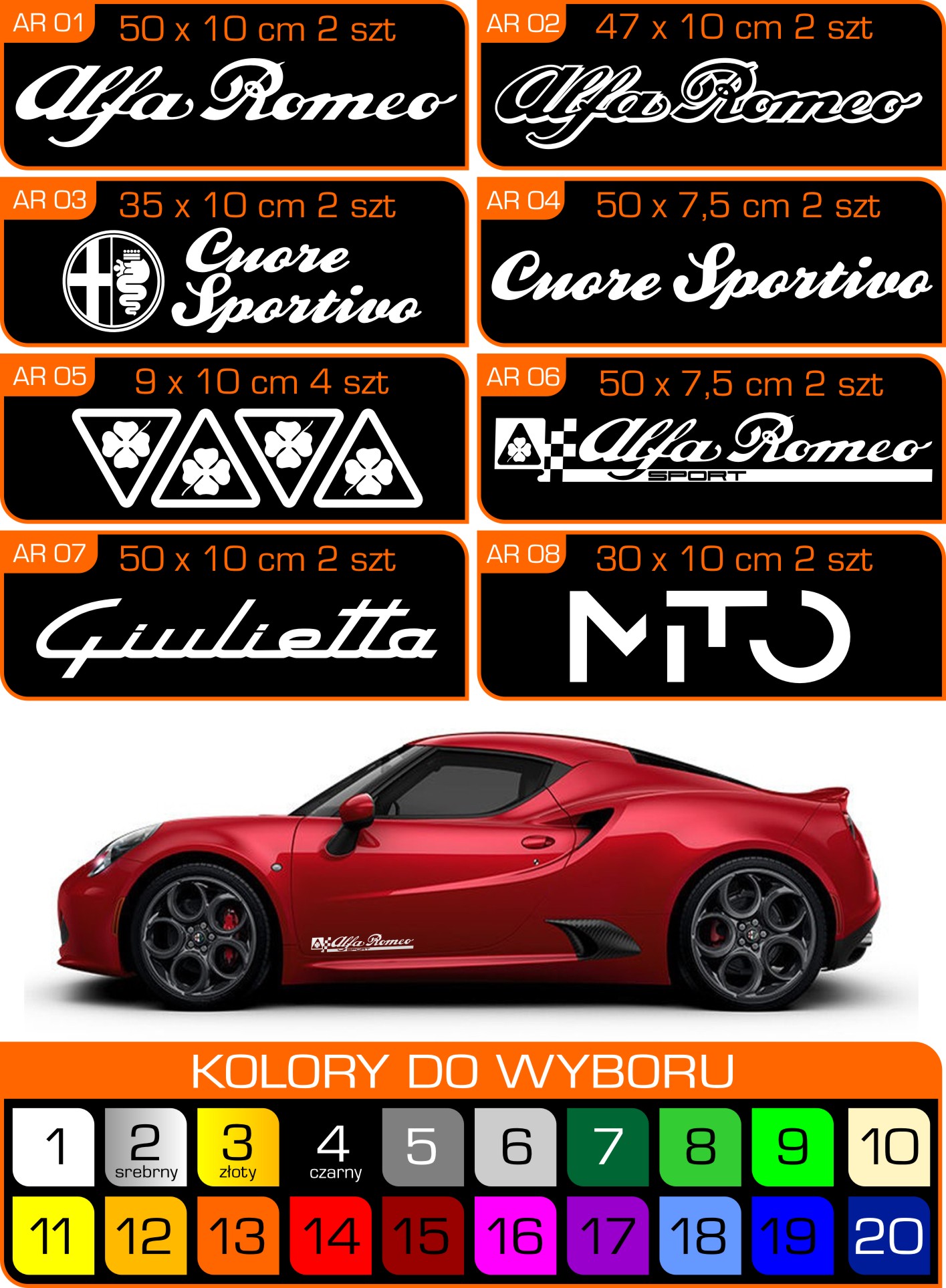 Naklejki ALFA ROMEO, CUORE SPORTIVO komplet 2 szt!