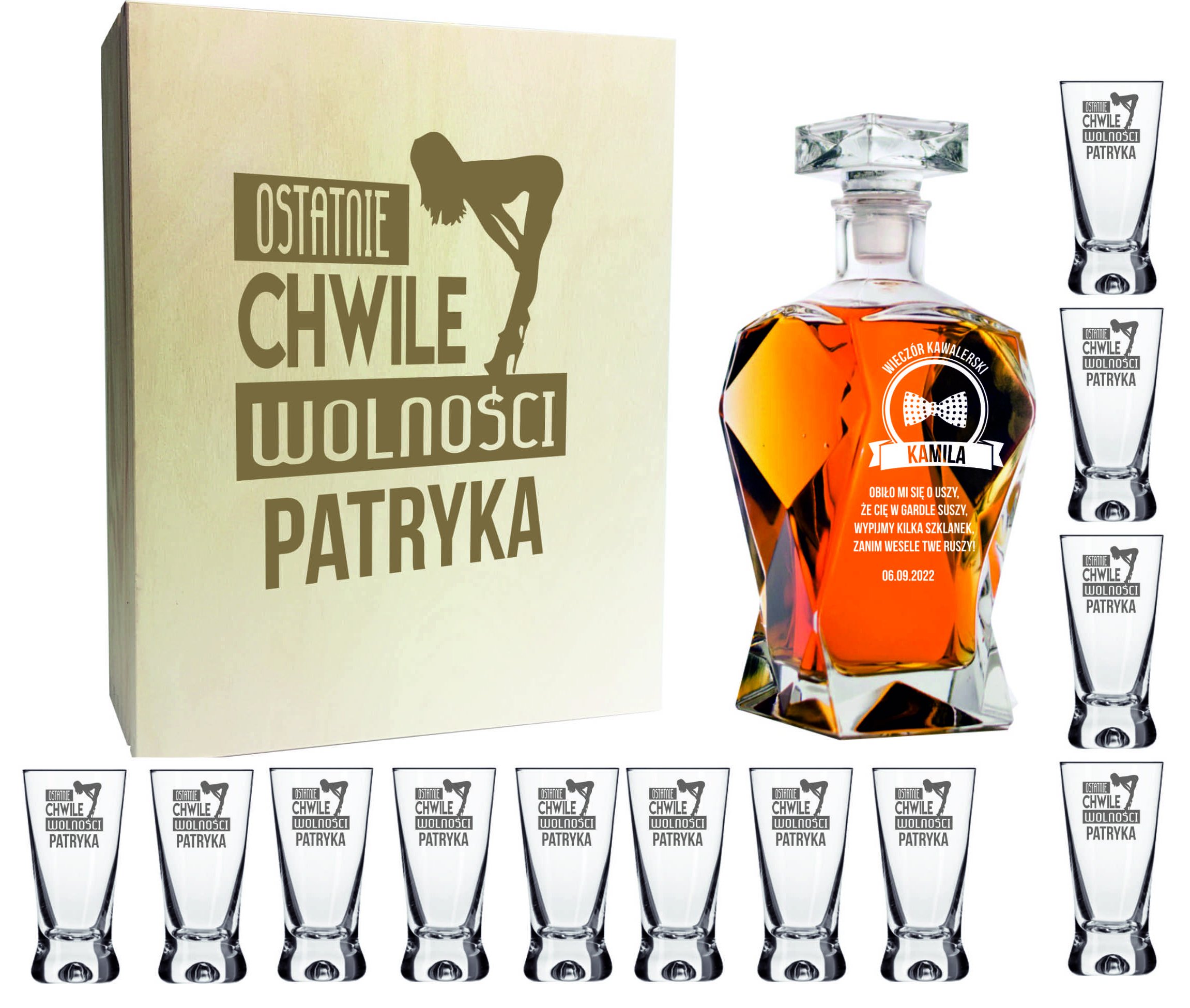 

Karafka kieliszki x 12 Pudełko Grawer Kawalerski