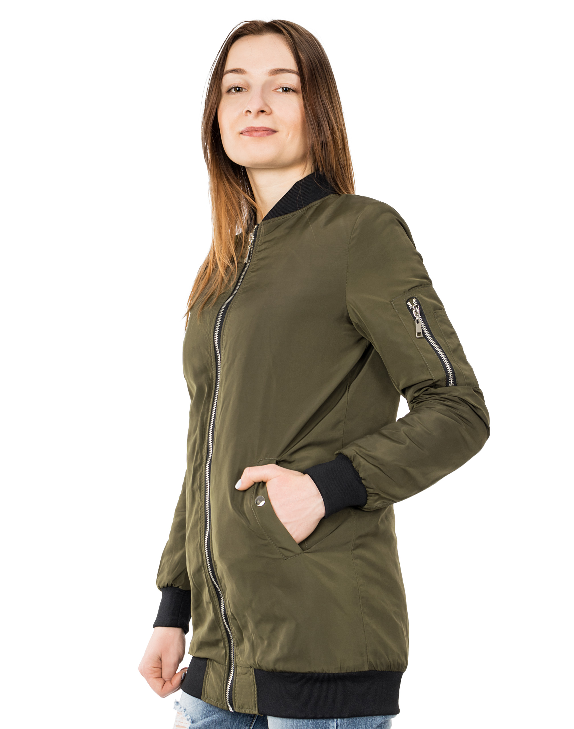 

Bomberka Kurtka Damska Bomber Długa 65112 M oliwka