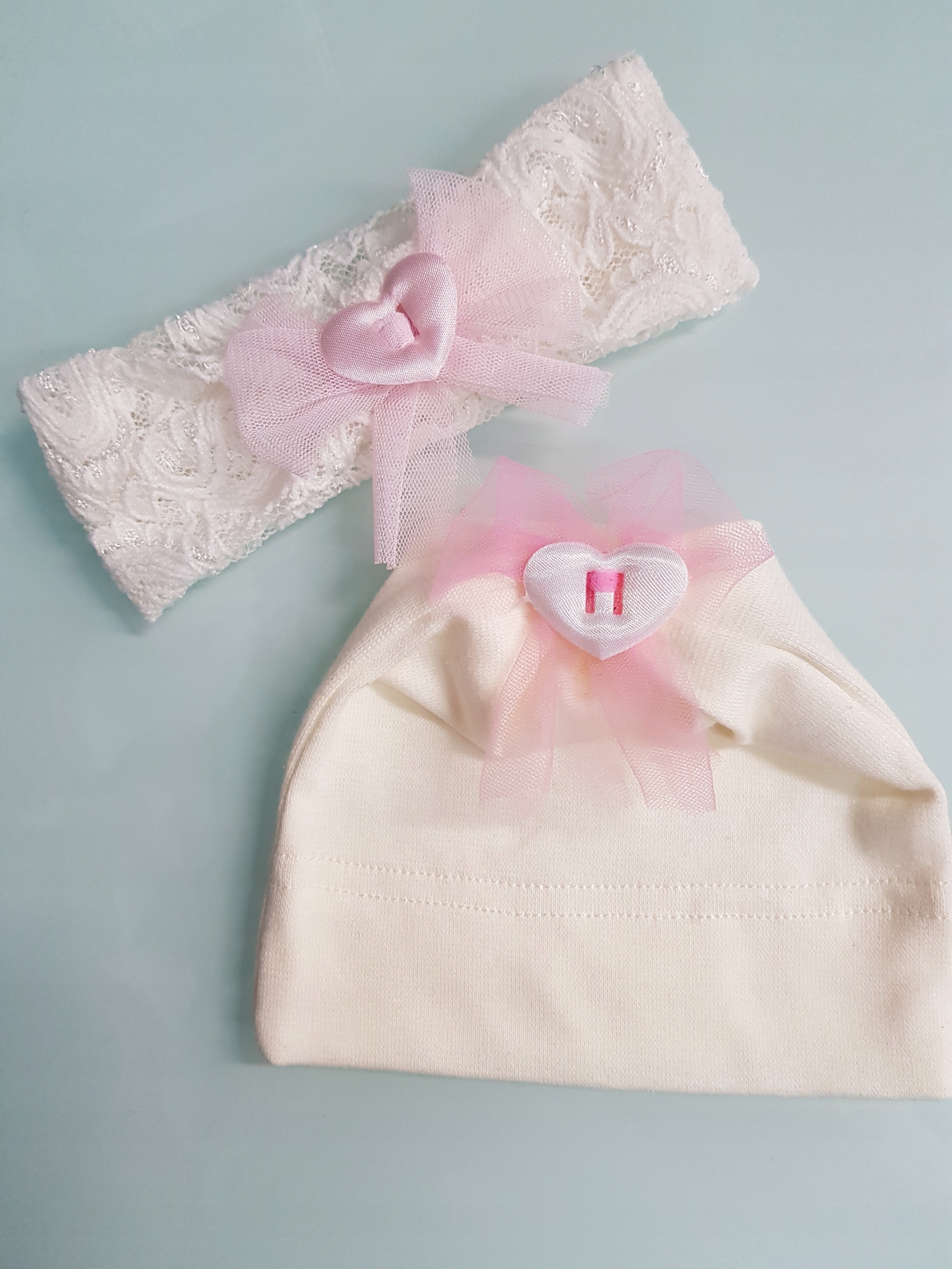 KOMPLET CZAPKA + OPASKA KOKARDKA TIUL 0-12 M-CA Rozmiar 38-44 cm