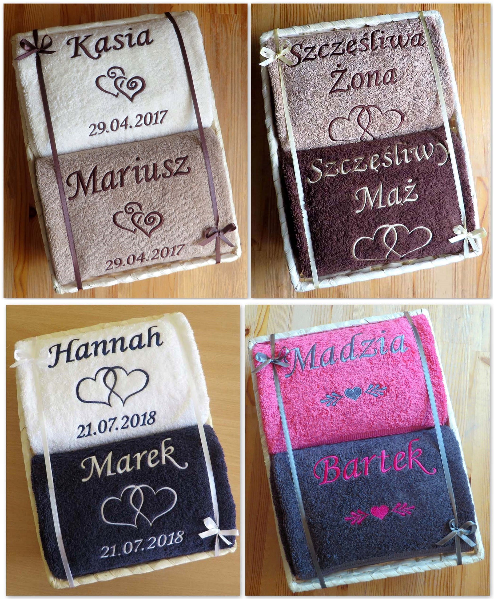 Ręczniki z HAFT w KOSZU kosz PREZENT ślub rocznica Marka Szydełkowa Kraina