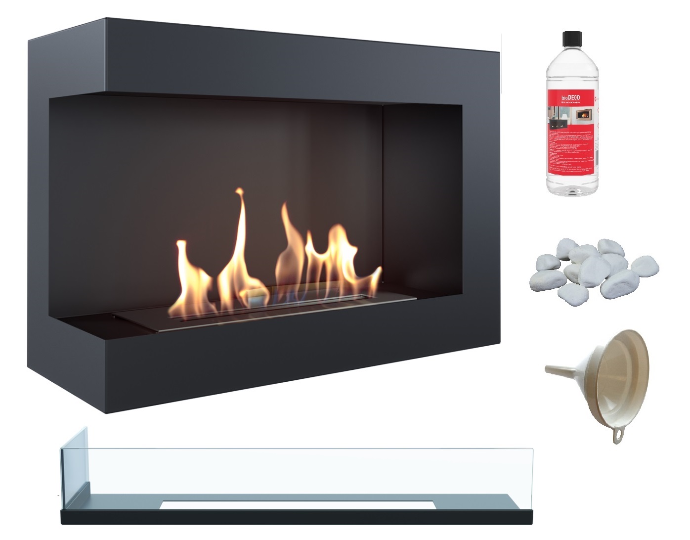 Biokominek wiszący czarny narożny Delta lewa 700x280 Szyba