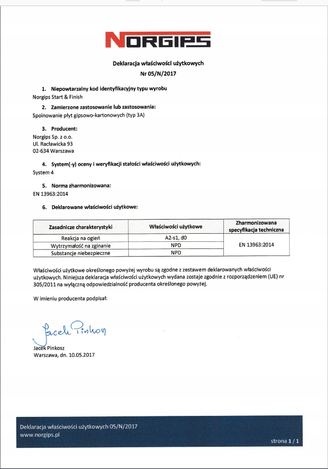 MASA NORGIPS START & FINISH 20kg Marka Norgips
