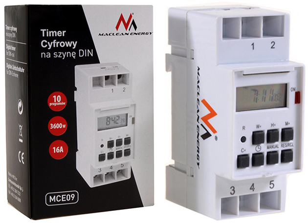 PROGRAMATOR CZASOWY TIMER NA SZYNĘ DIN TYGODNIOWY 16A 3600W Maclean MCE09