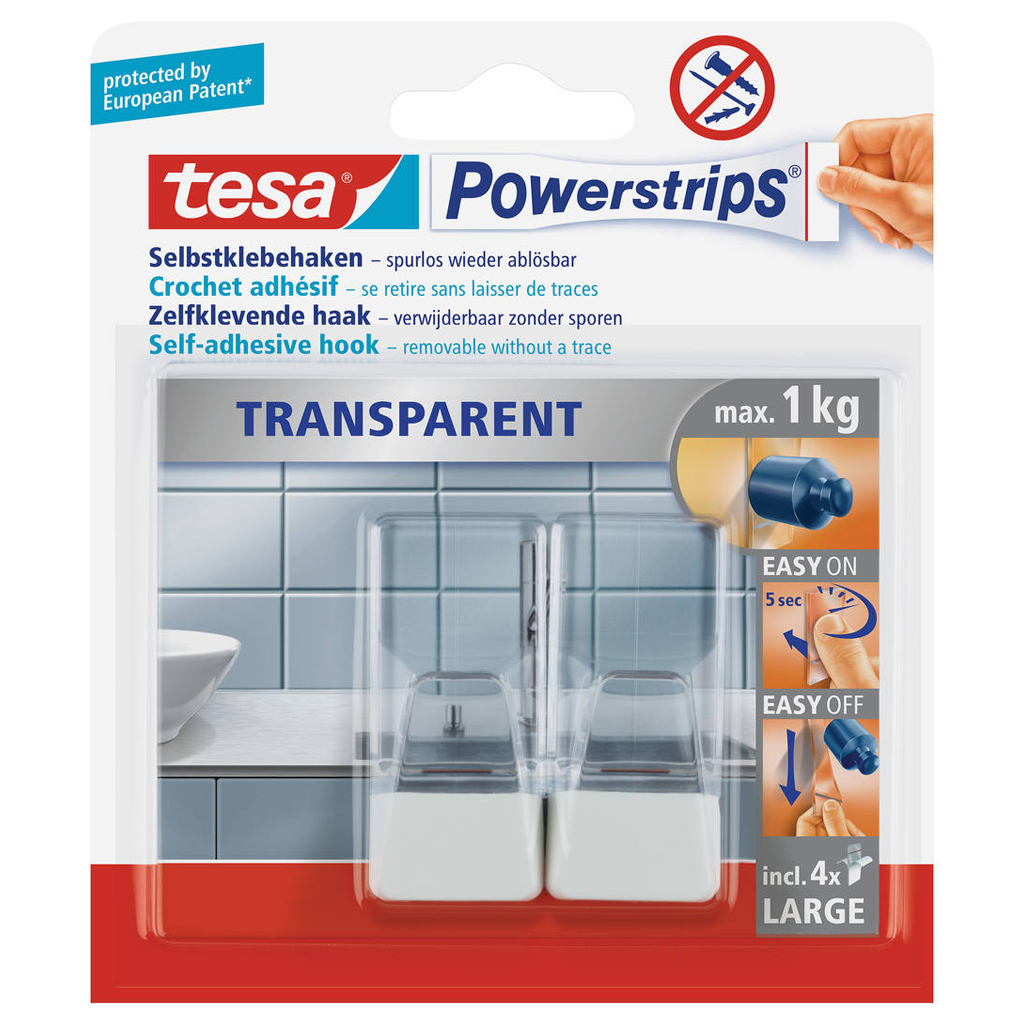 TESA Прозрачные и белые липкие крючки x2