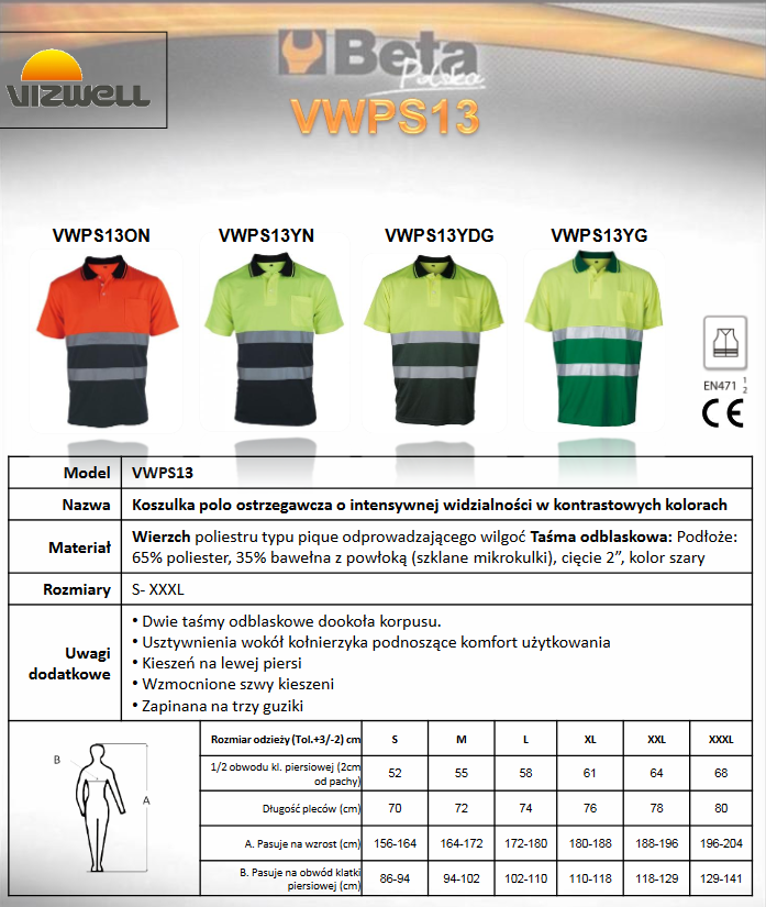 KOSZULKA POLO OSTRZEGAWCZA BETA VWPS13 ROZ S Marka Beta