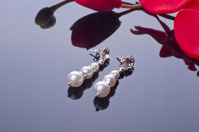 komplet SWAROVSKI el. ślubny GRANAT ECRU BIEL perł Materiał Srebro