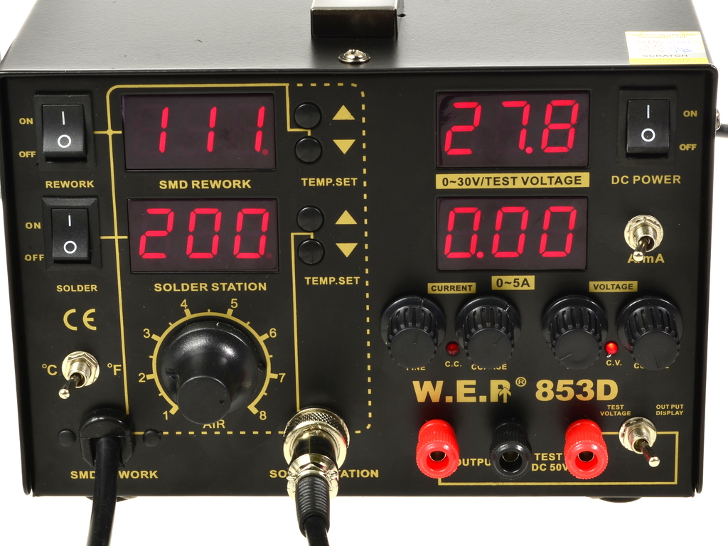 Stacja lutownicza HOTAIR WEP 853D zasilacz 30V/5A +Uchwyt do PCB Moc 1050 W