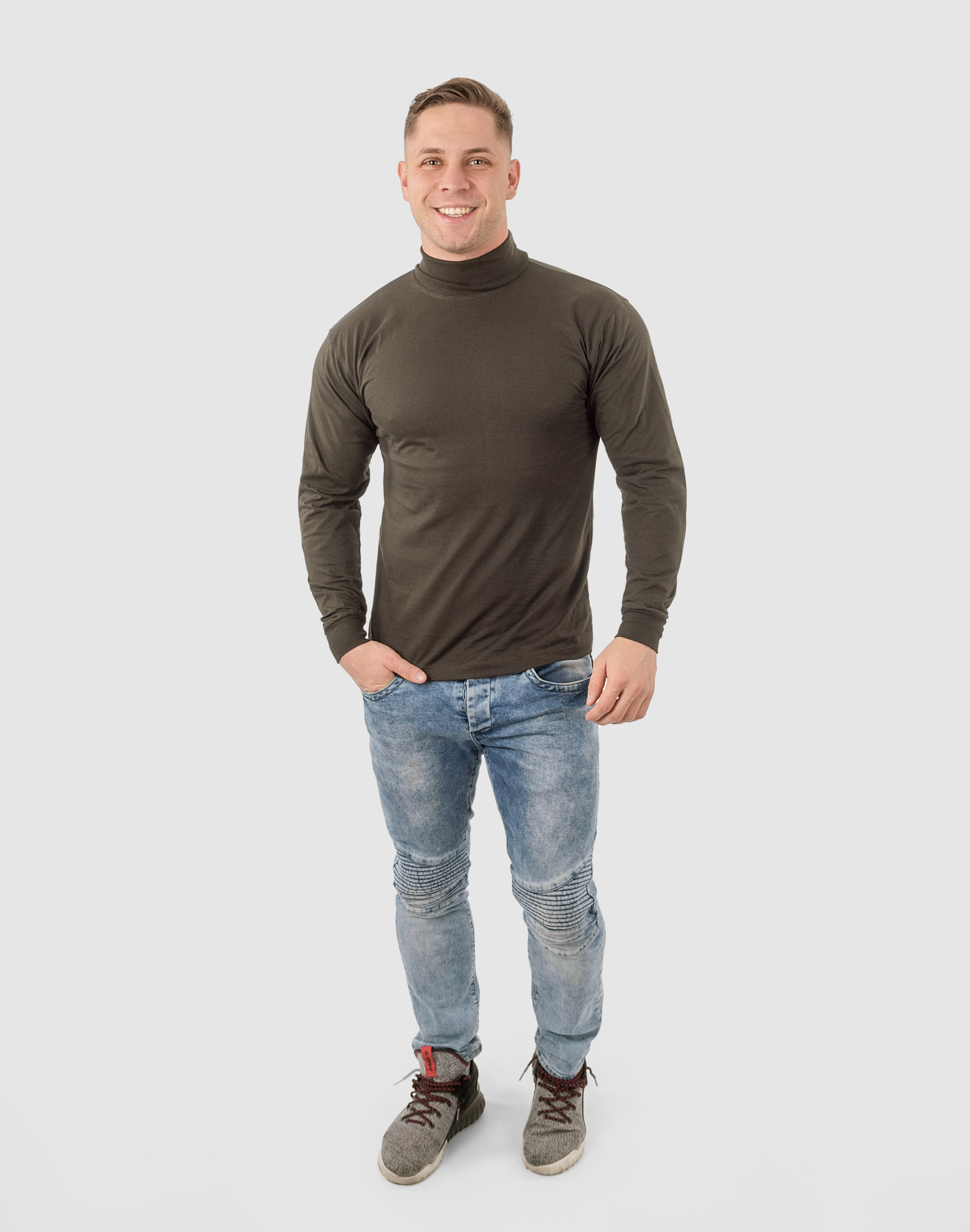 Elegancki Sweter Golf Męski Golfy WXM r M brązowy Dekolt golf