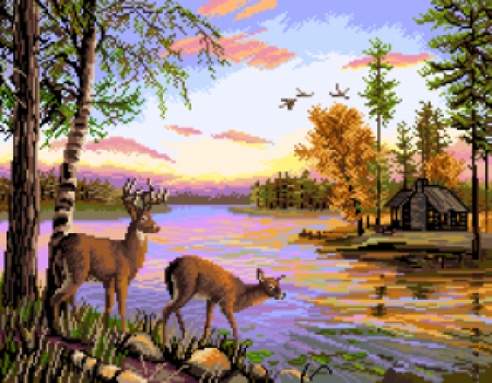 Vyšívací sada kanva+mulina+jehla, 51x40cm, lesní krajina 7218