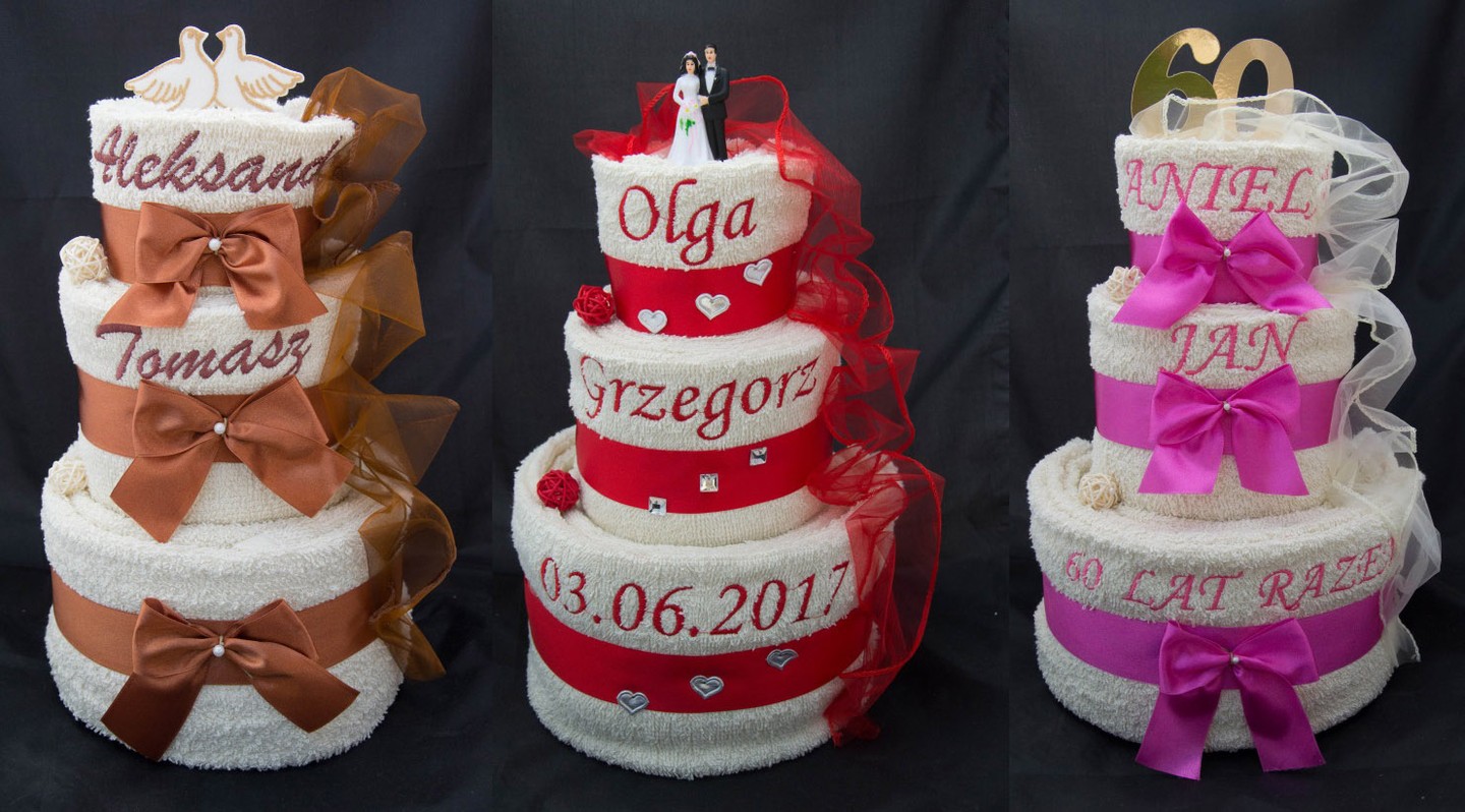 TORT z 6 ręczników Twój HAFT prezent ŚLUB rocznica Z dedykacją Tak