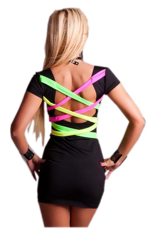 

MB101 Czarna Sukienka Bez Pleców Neon Paski S 36