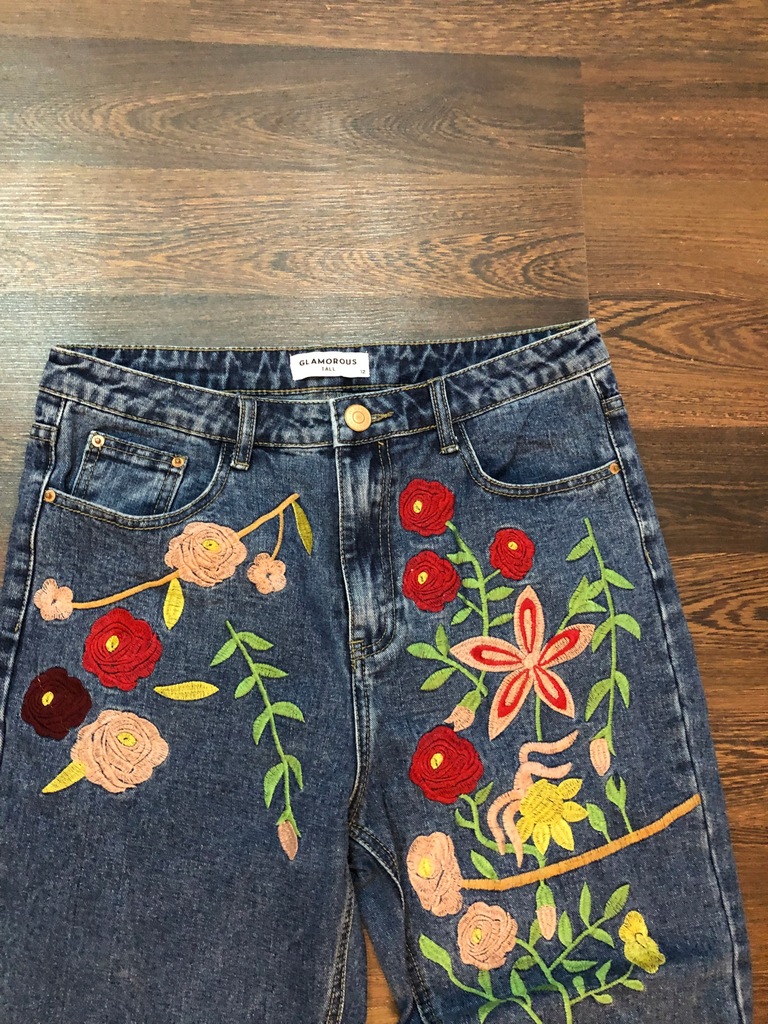 spodnie jeans hafty kwiaty M dla wysokich