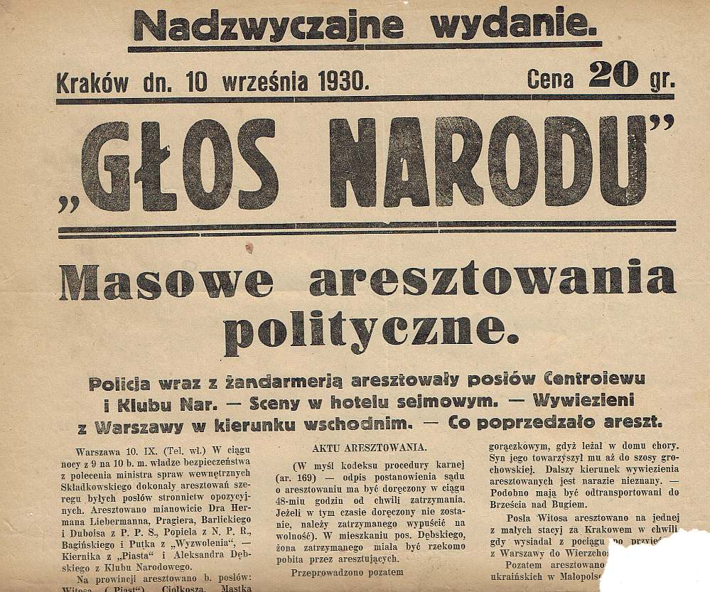 Głos Narodu 1930 - MASOWE ARESZTOWANIA POLITYCZNE
