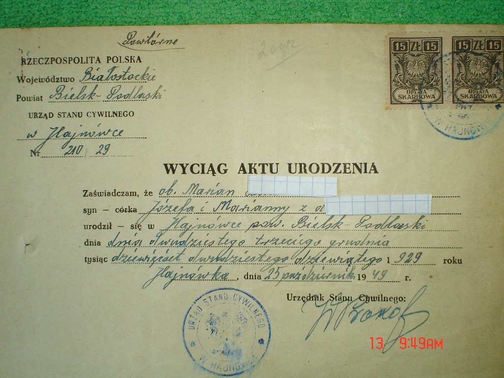 Odpis z 1945 r.Parafia Boćki.