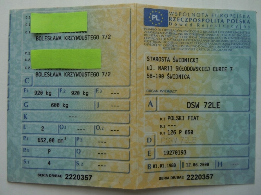 FIAT 126P 1988r-KOLEKCJONERSKI DOWÓD REJESTRACYJNY