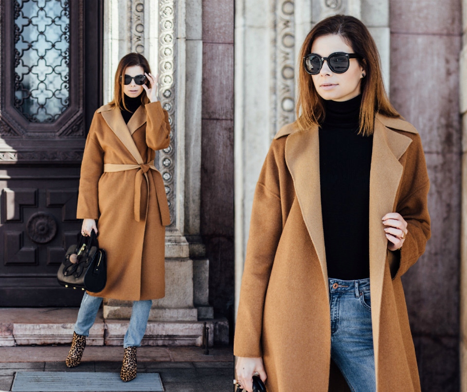 ZARA PŁASZCZ welna WIĄZANY hand made blog camel M