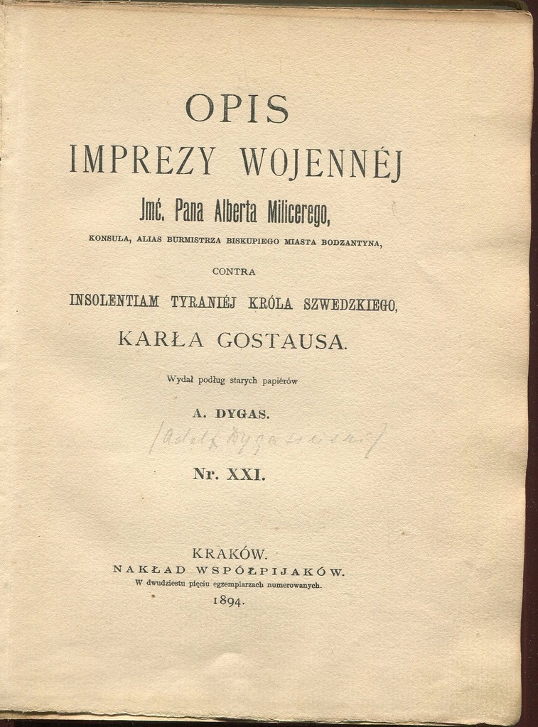 Dygasiński OPIS IMPREZY WOJENNEJ 25 egz. 1894