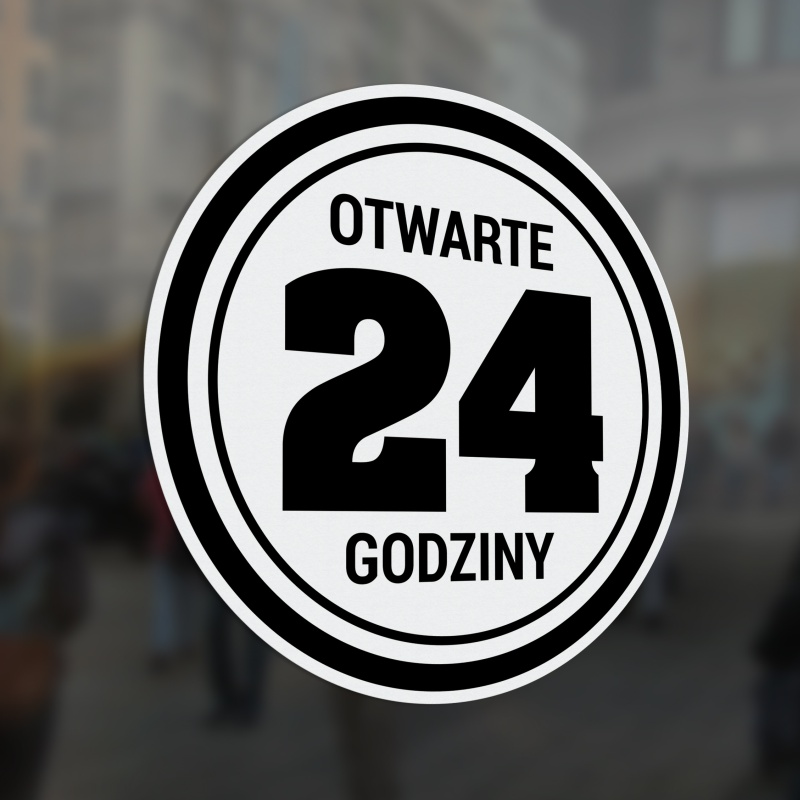 Otwarte 24h - otwarte całą dobę, naklejka, 25x25