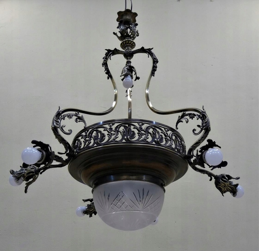 PIĘKNY MOSIĘŻNY ŻYRANDOL LAMPA SECESYJNA ANTYK