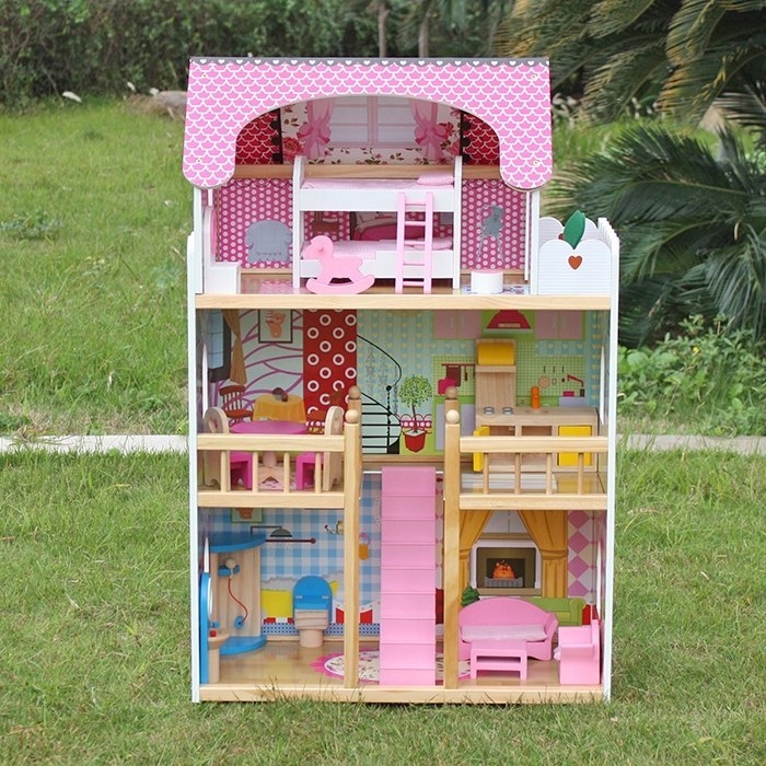 Domek dla lalek Drewniany Melisa Piętrowy Różowy #
