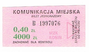 Bilet MZK Konin za 0,40 zł 4 000 zł.
