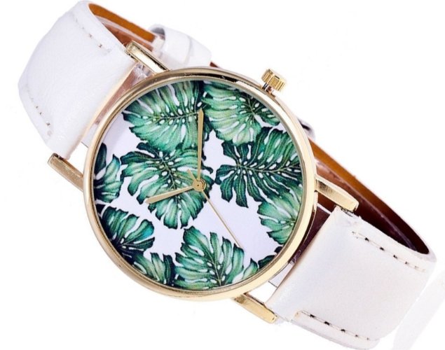 Zegarek damski biały liść MONSTERA listki tropical