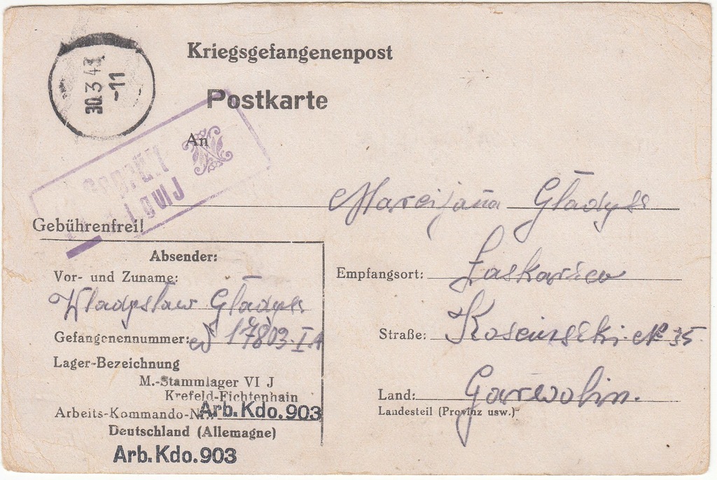 Stalag VIJ Arb. Kdo. 903 Krefeld kartka 1943 (307)
