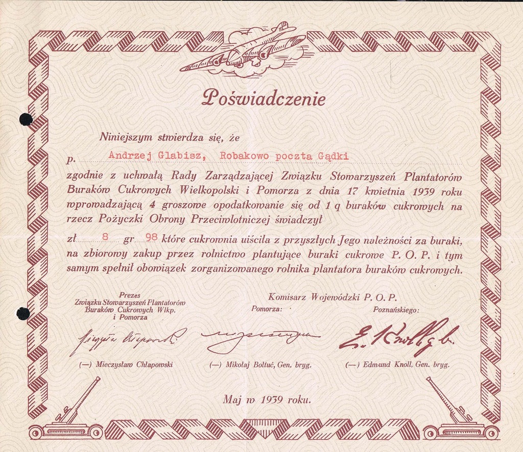 POŻYCZKA OBRONY PRZECIWLOTNICZEJ MAJ 1939 ROK