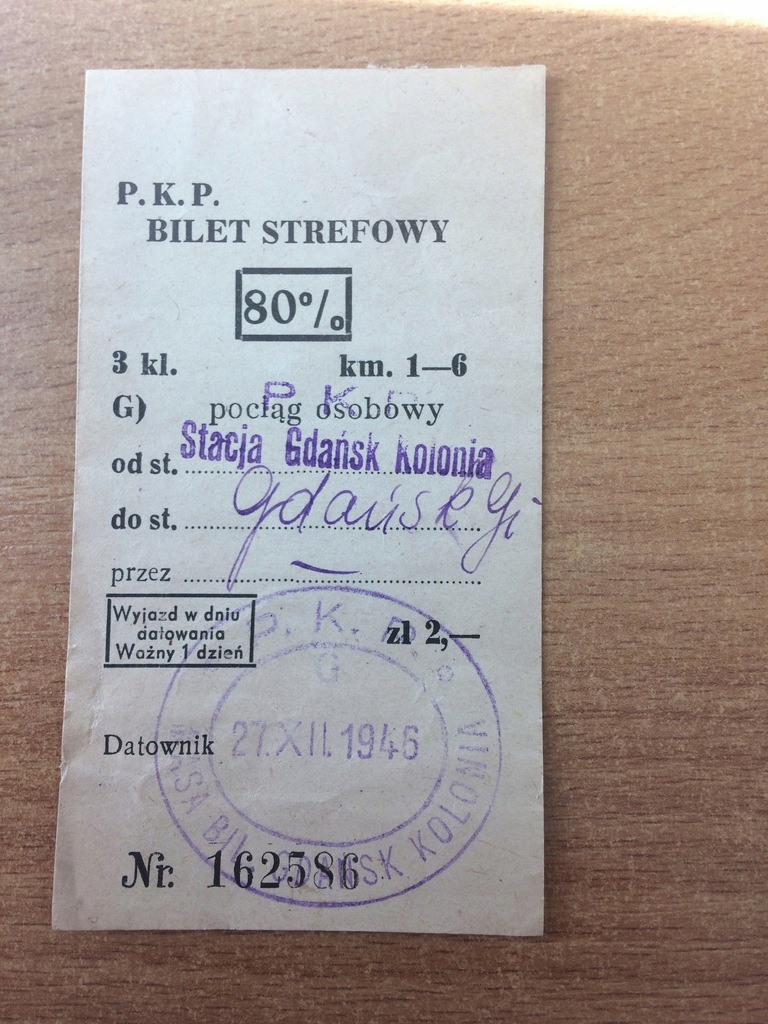 Stary bilet Gdańsk Kolonia - Gdańsk Główny 1946rok