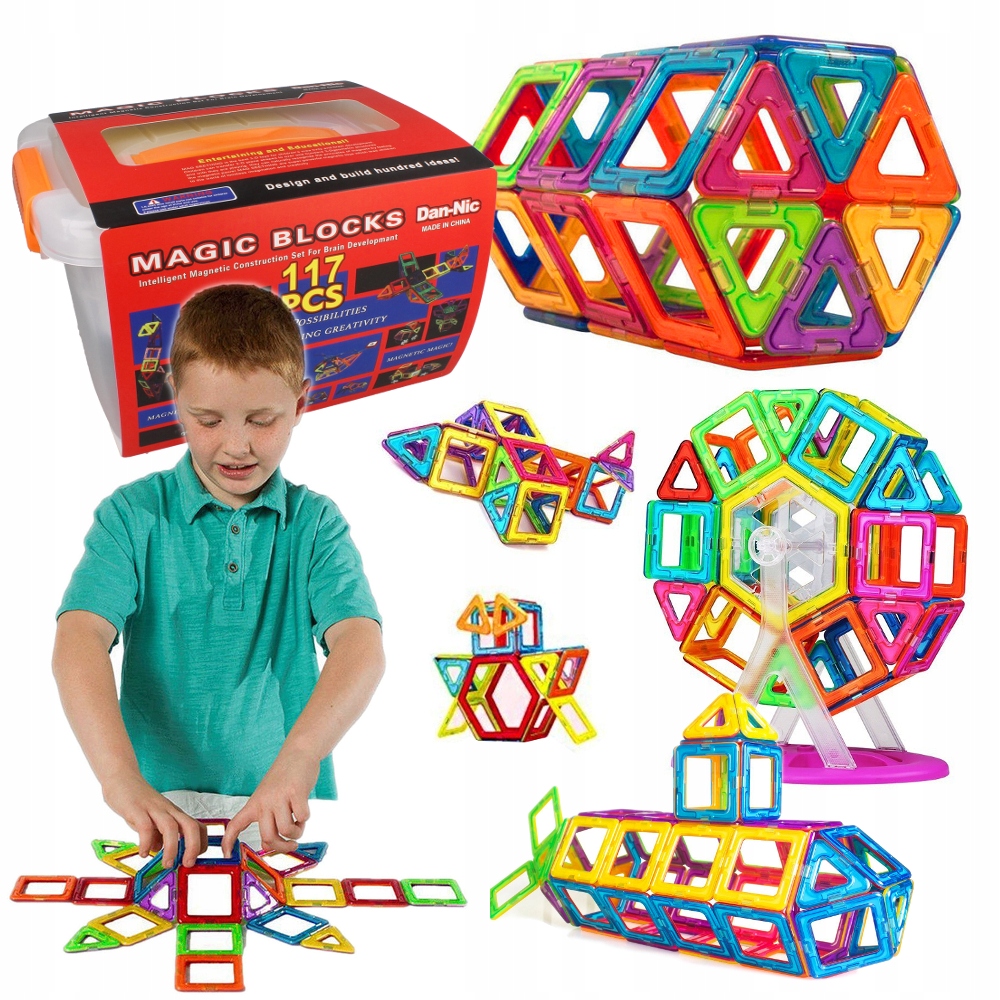 Klocki Na Magnesy Dla Dzieci EDUKACYJNE KLOCKI MAGNETYCZNE zestaw 328 el. KUFER - 7365811013