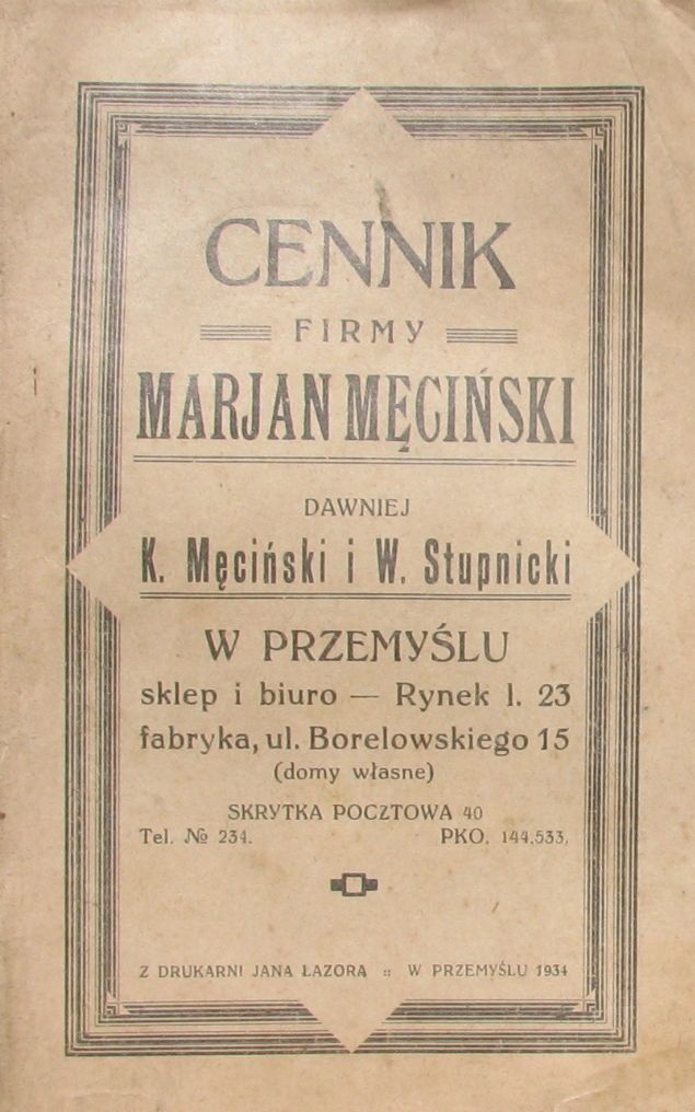 PRZEMYŚL - CENNIK FIRMY MARJAN MĘCIŃSKI -1934