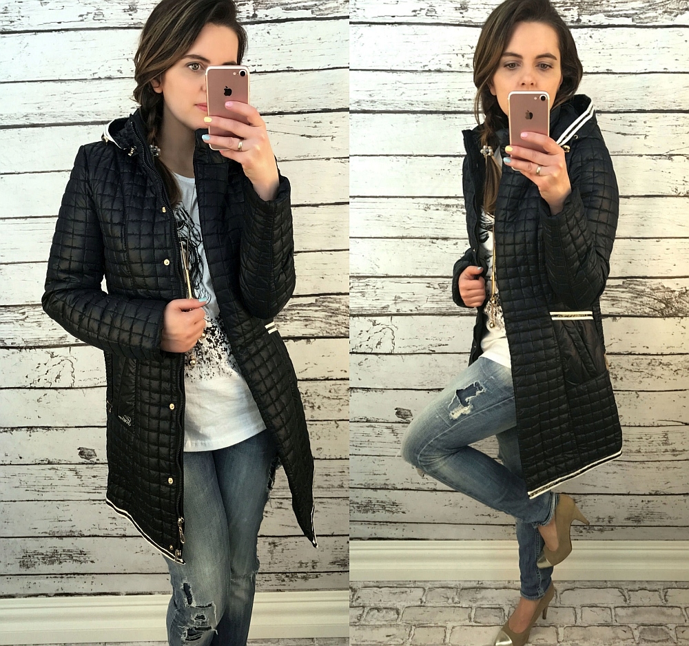 -30% PŁASZCZ JESIENNY PIKOWANY z kapturem CZARNY M - 7650587422