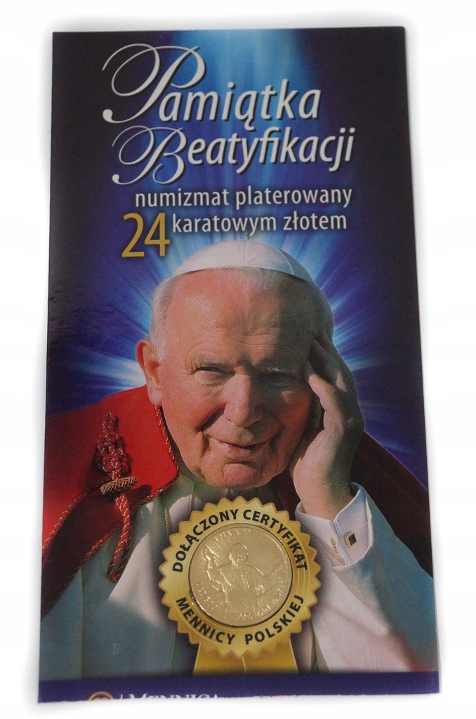 Pamiątka Beatyfikacji. Numizmat platerowany złotem
