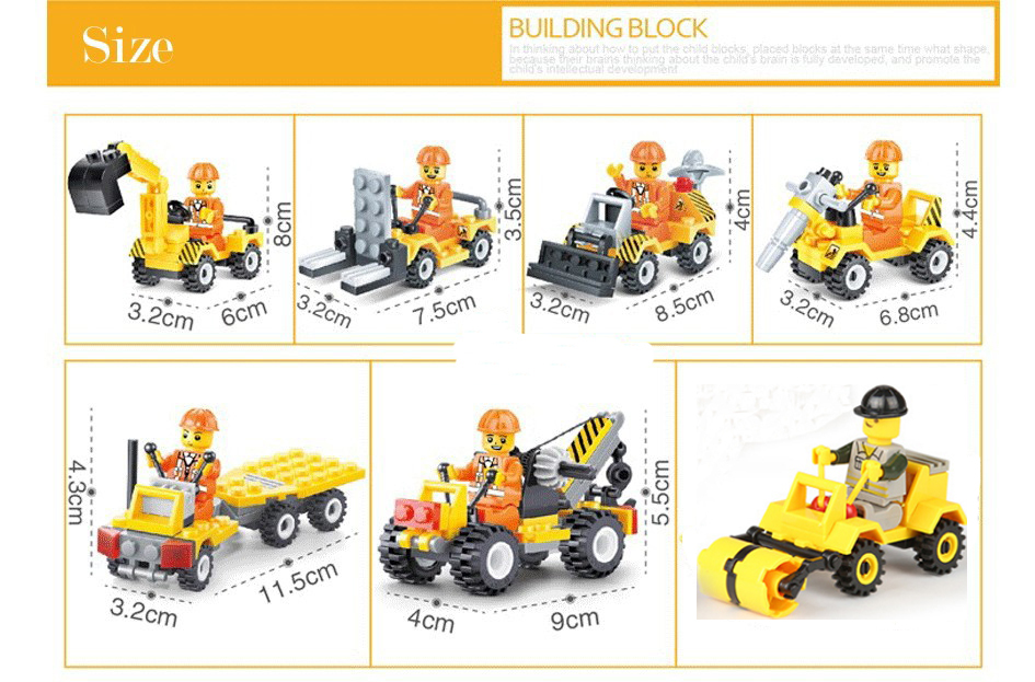 koparka, buldożer, wózek widłowy ala LEGO  7 sztuk