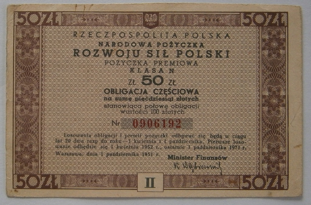 NARODOWA POŻYCZKA ROZWOJU SIŁ POLSKI 50 zł  1951 r