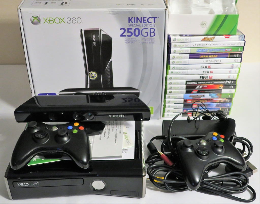 XBOX 360 SLIM 250GB + KINECT + 2xPAD + 16 GIER 7071867196 oficjalne