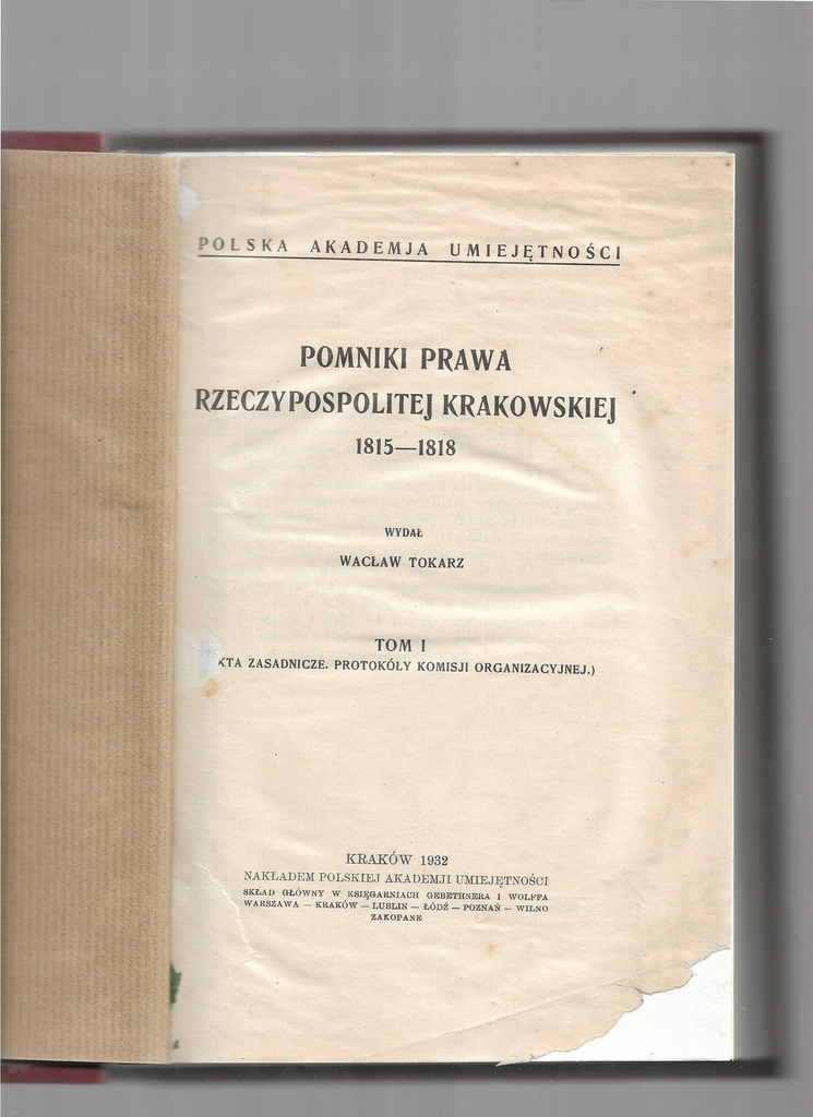 Tokarz Pomniki prawa Rzeczpospolitej Krakowskiej