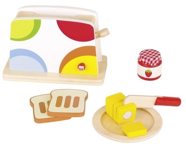 Drewniany toster z artykułami dla dziecka dzieci