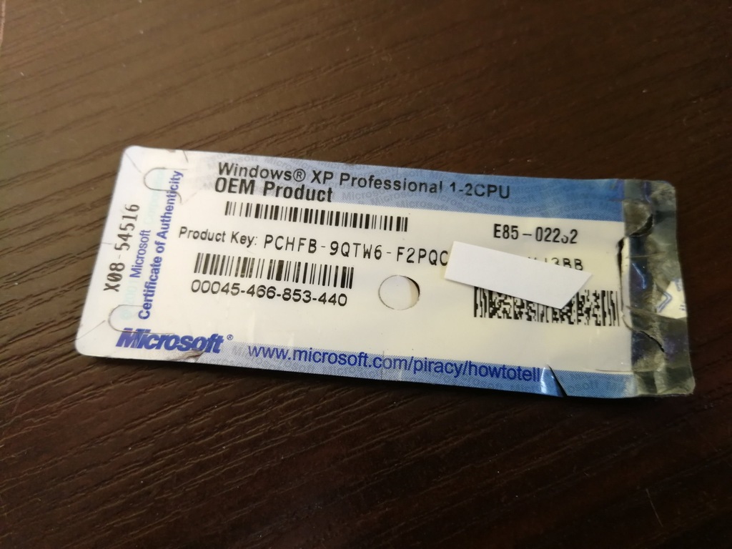 Oryginalny klucz Windows XP Professional 1-2 CPU