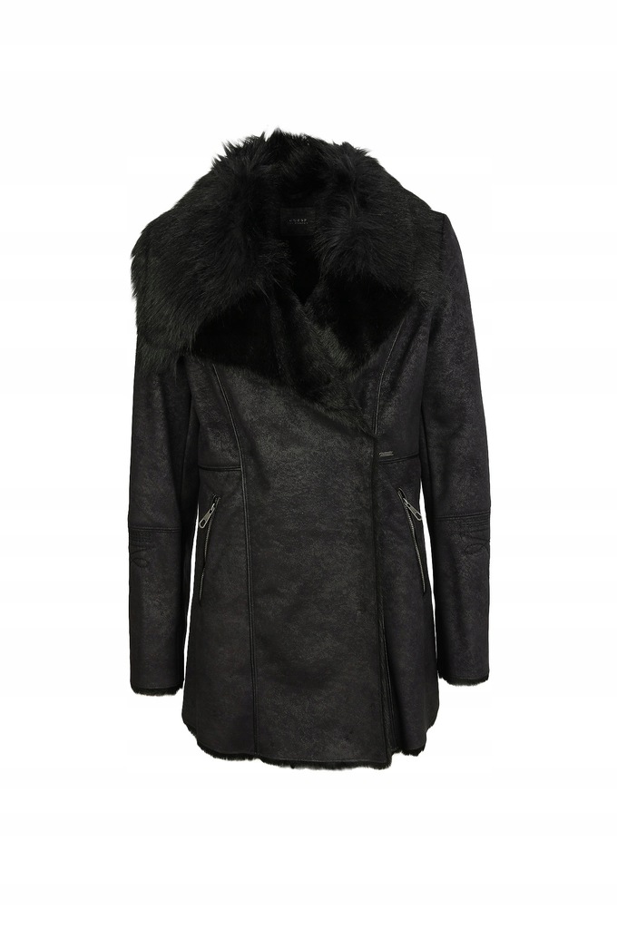Kożuszek czarny płaszcz futro Guess XS 34