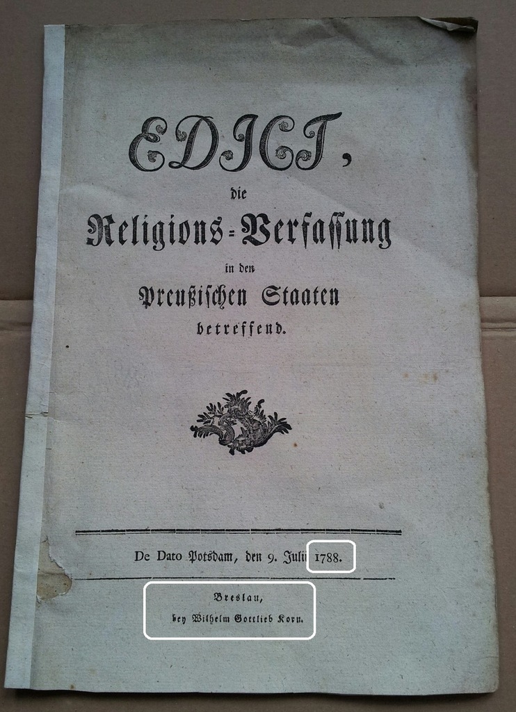 Wrocław 1788 Drukarnia Korna Edykt króla Prus