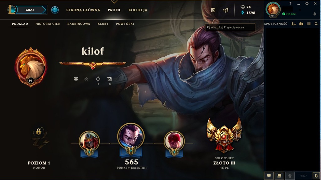 Konto LOL- Gold 3, wszystkie postacie, dużo skinów