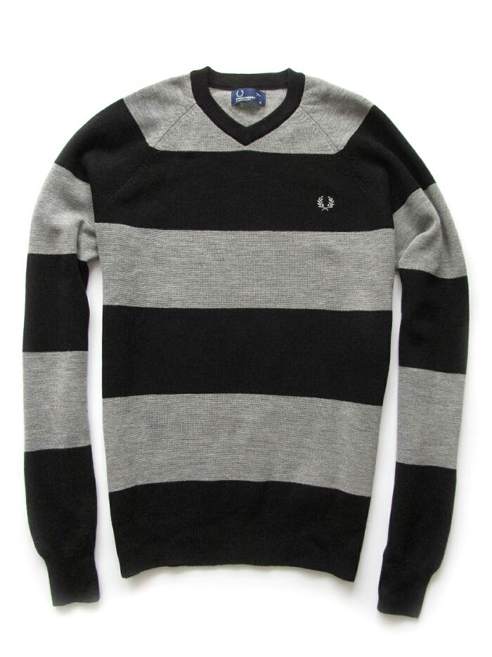 FRED PERRY STRIPED * SLIM * SWETER 100%WEŁNA * M